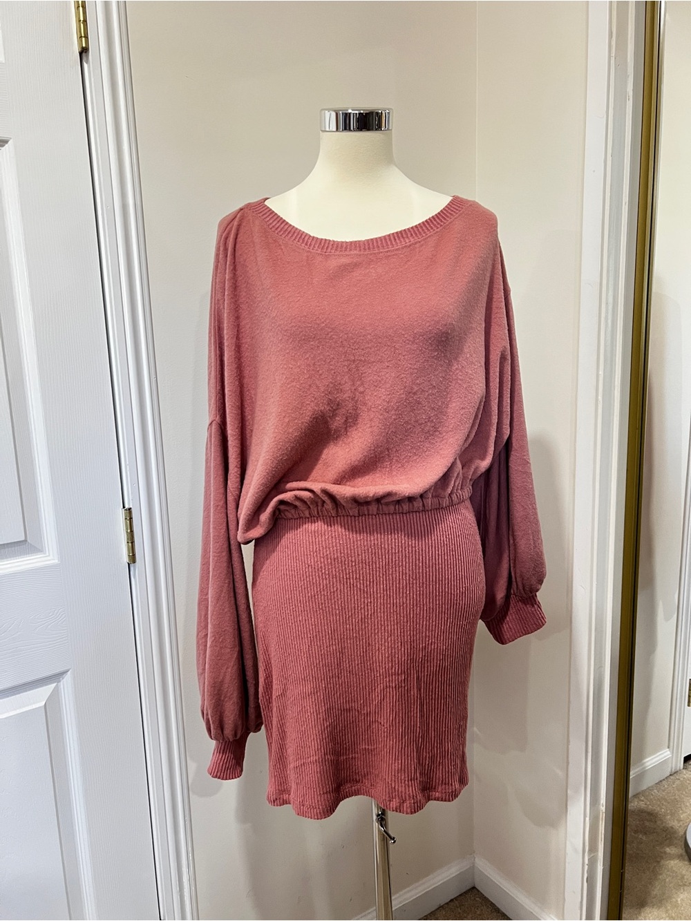 Free People Beach Off Shoulder Balloon Sleeve Mini Dress Size Large Blush Pink - Picture 8 of 15